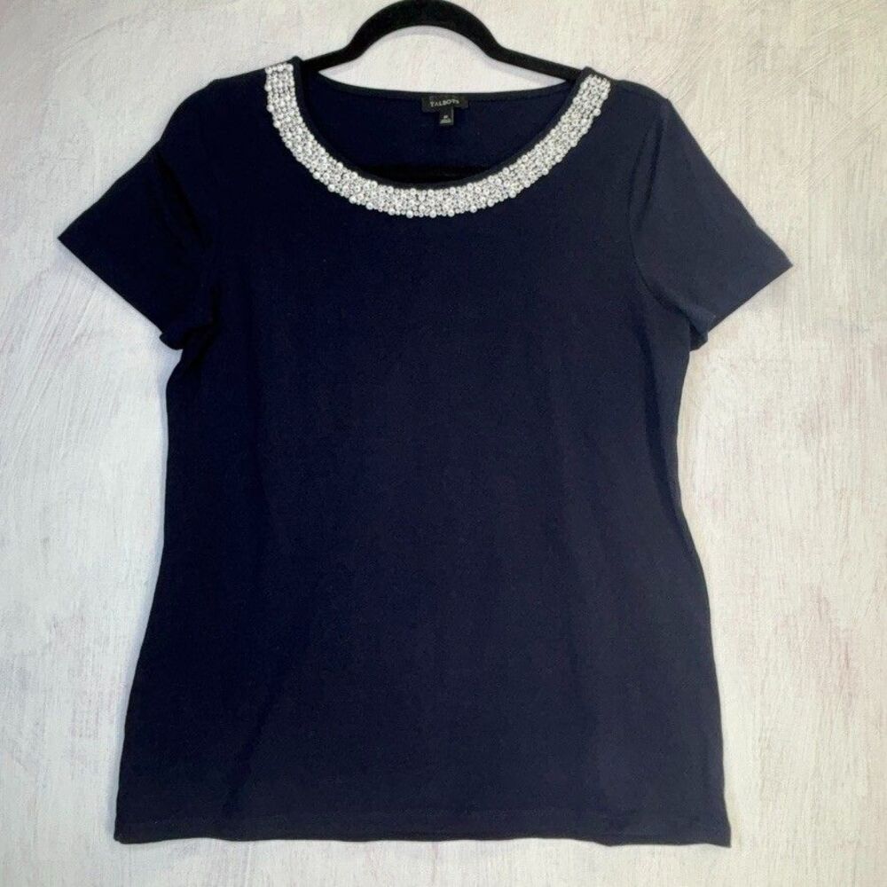 Talbots Women's Embellished Beaded Knit Top Size M Petite Scoopneck Navy Blue
